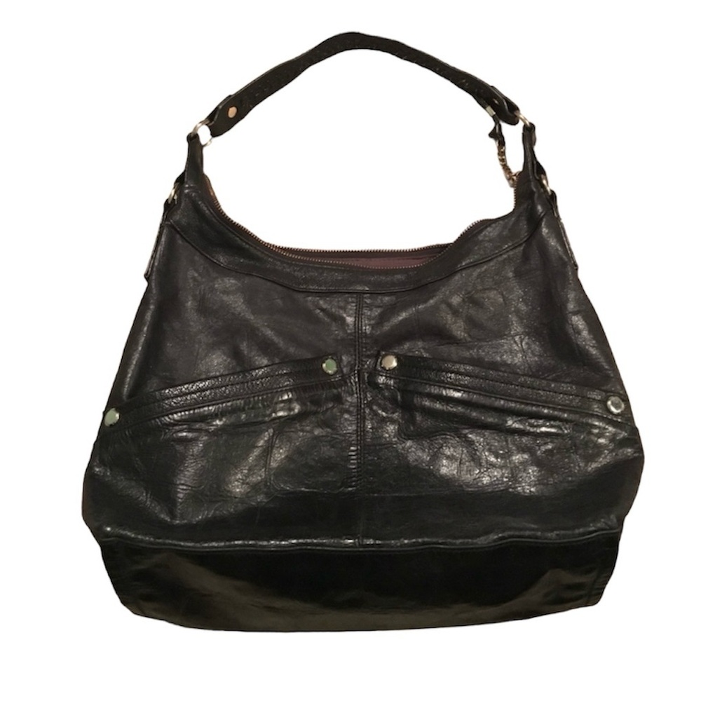 TreVero Italian Black Leather Shoulder Bag With Chain Detail